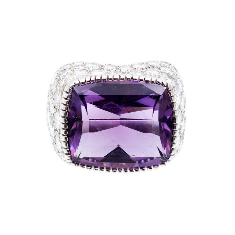 Cushion Cut 3.85 Carat Amethyst Diamond Gold Dome Cocktail Ring For Sale