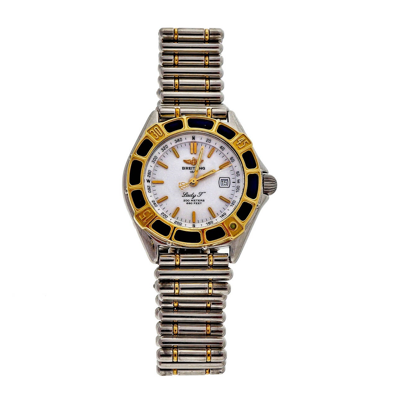 Breitling steel and 18k yellow gold Lady J Quartz wrist watch with date and rotating bezel rim. Water resistant to 660 feet.

18k yellow gold
Length: 35mm
Width: 31mm
Band width at case: 17mm
Case thickness: 9.38mm
Band: Breitling Steel &