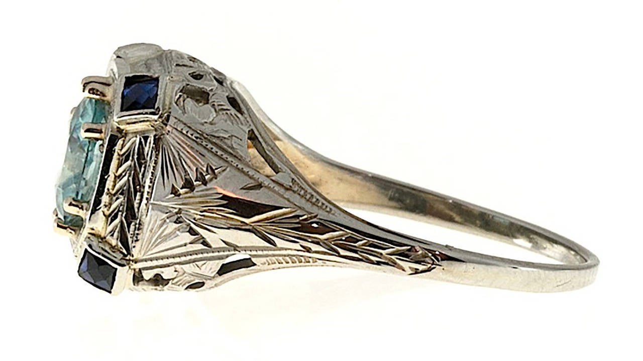 Women's Art Deco Zircon and Sapphire White Gold Pierced Filigree Ring