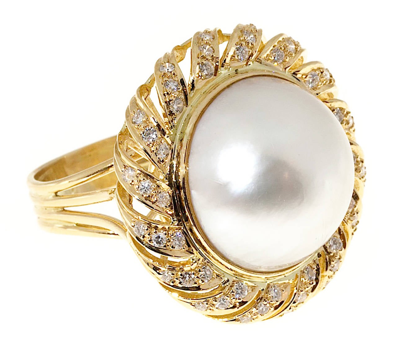 Pearl and Diamond Gold Swirl Ring For Sale at 1stdibs