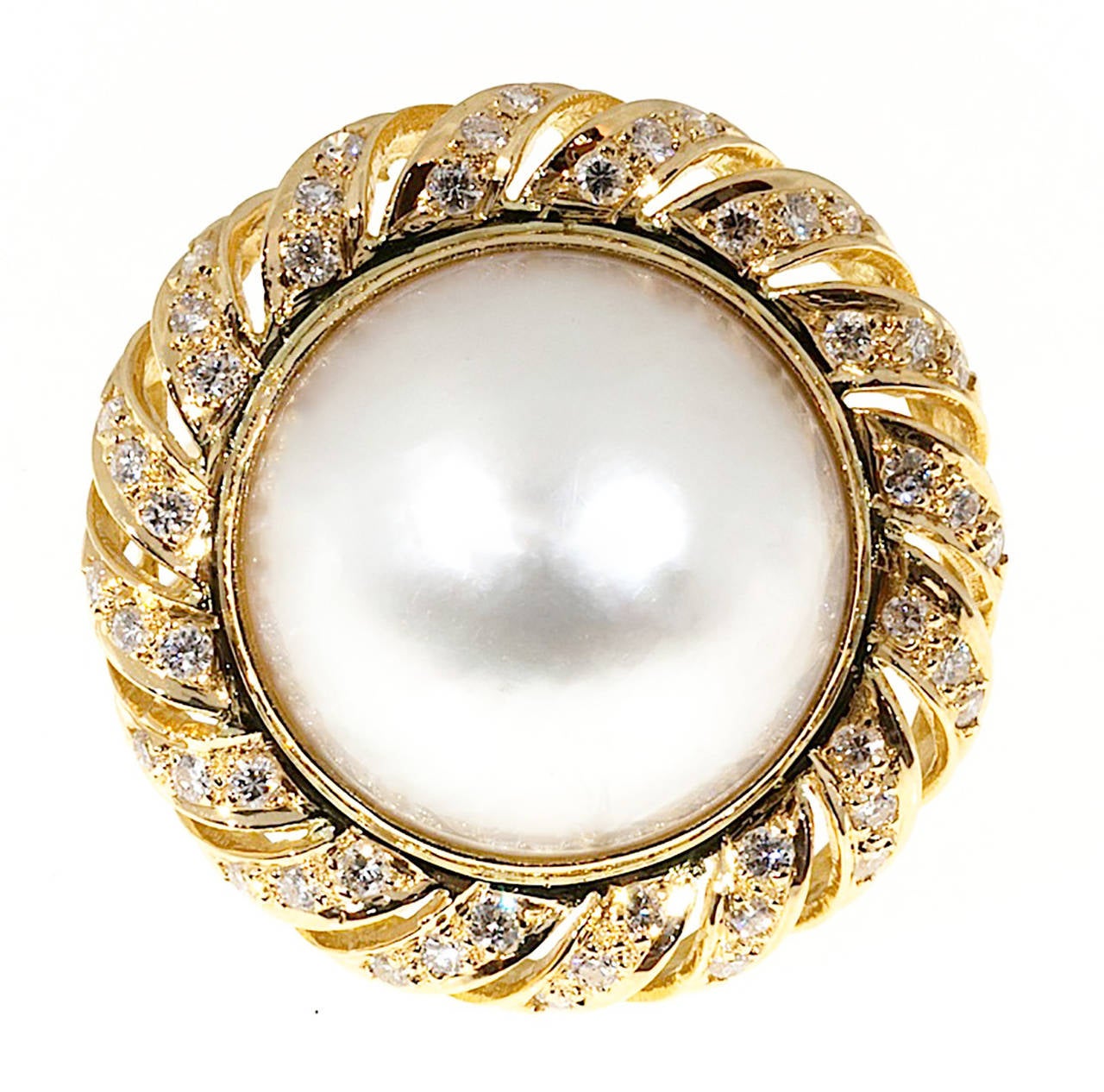 Women's .85 Carat Pearl Diamond Gold Swirl Cocktail Ring For Sale