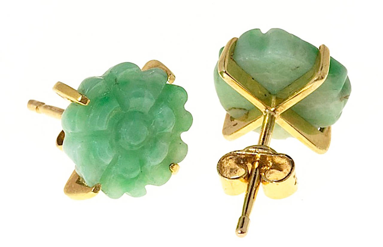 Women's Natural Jadeite Jade Gold Round Carved Flower Earrings