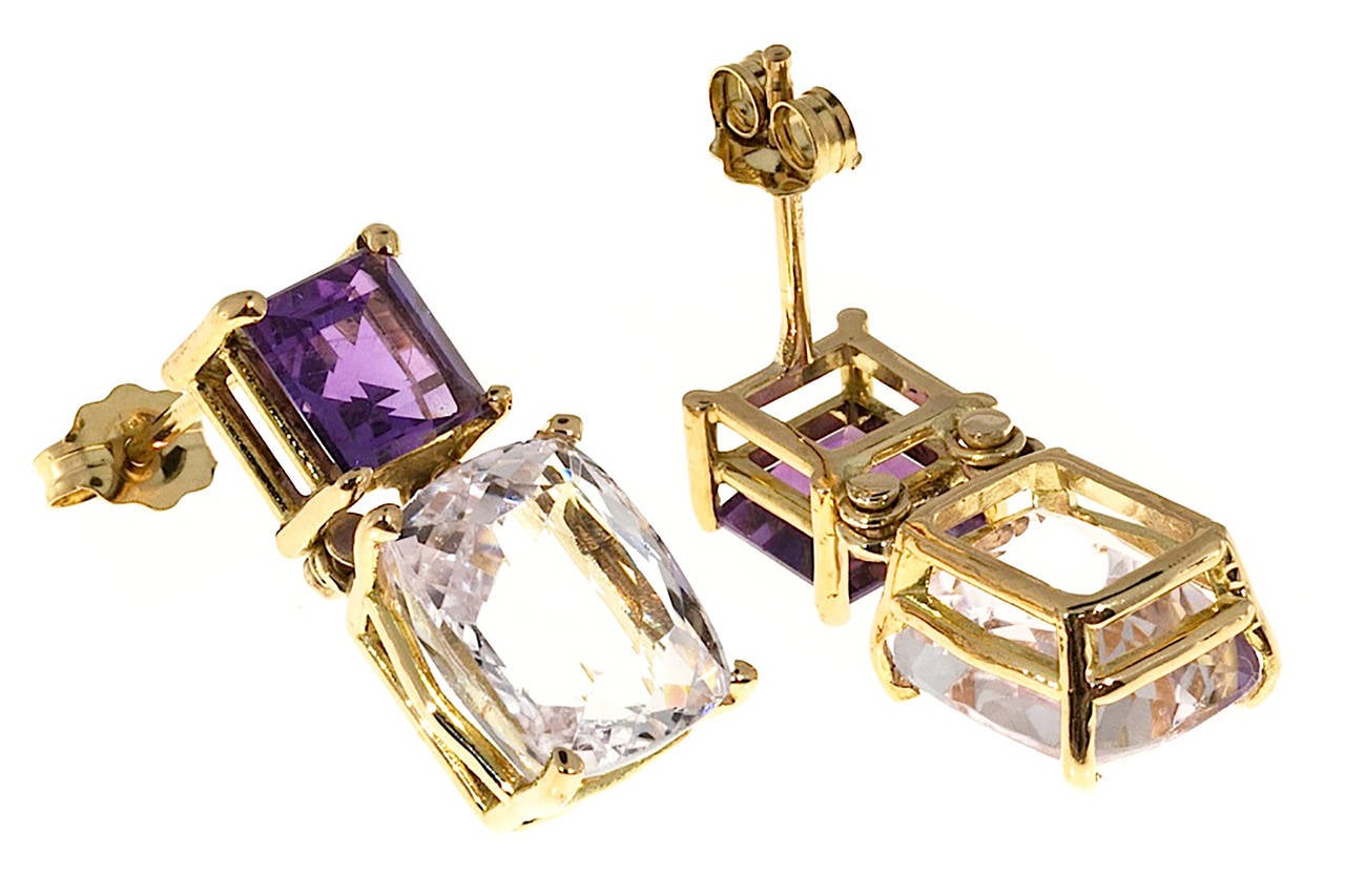 18k yellow gold fine Amethyst and Morganite dangle earrings. The gem stones are from the estate of a collector. The earrings are brand new from the Peter Suchy Workshop. The Amethyst are Asscher cut, genuine purple and clear. The Morganite are