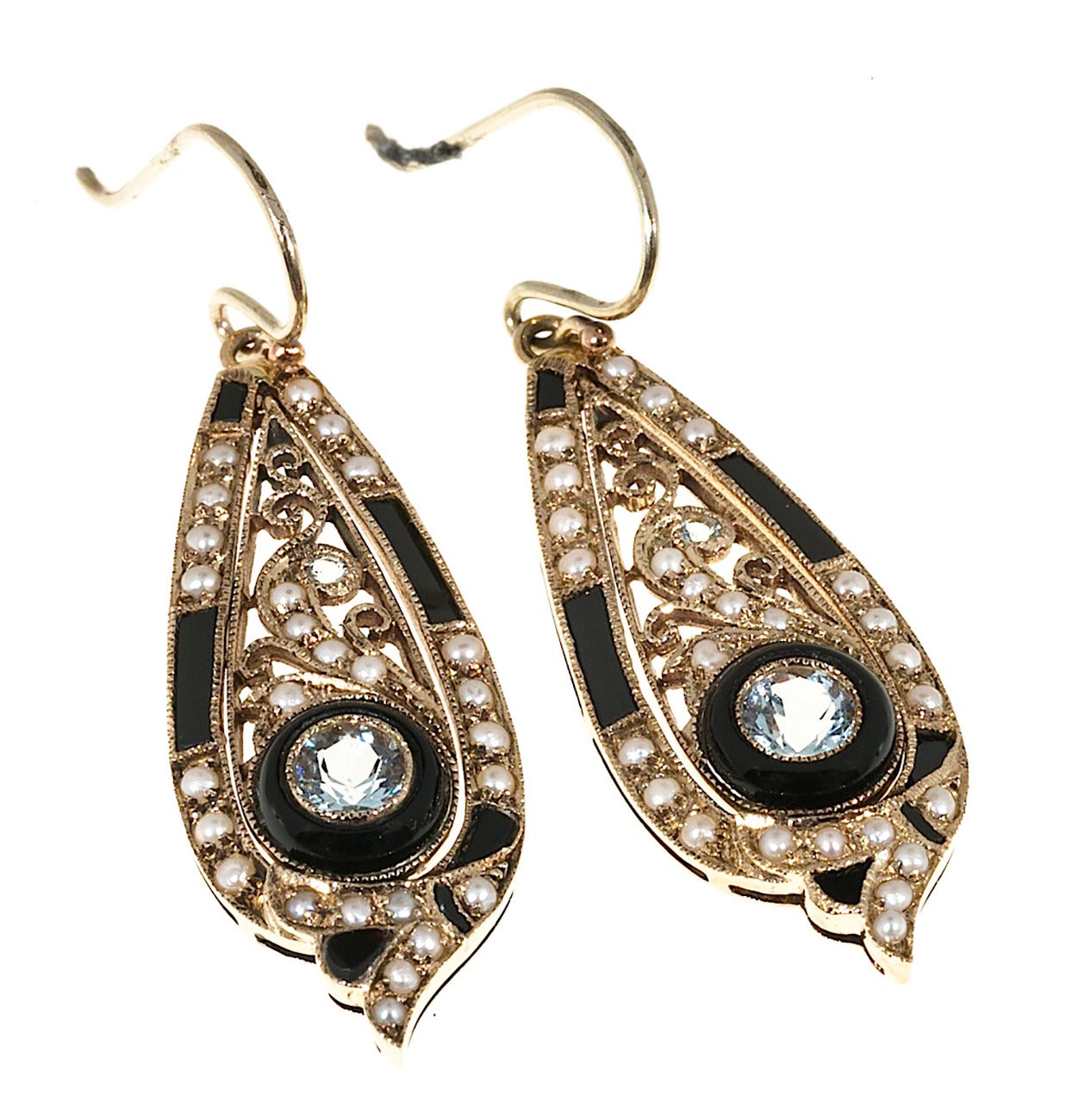 Aquamarine Pearl Onyx Gold Dangle Earrings In Good Condition In Stamford, CT