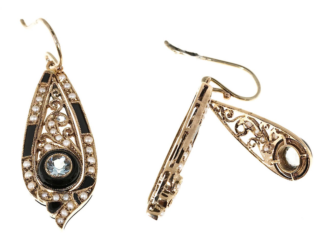 Women's Aquamarine Pearl Onyx Gold Dangle Earrings