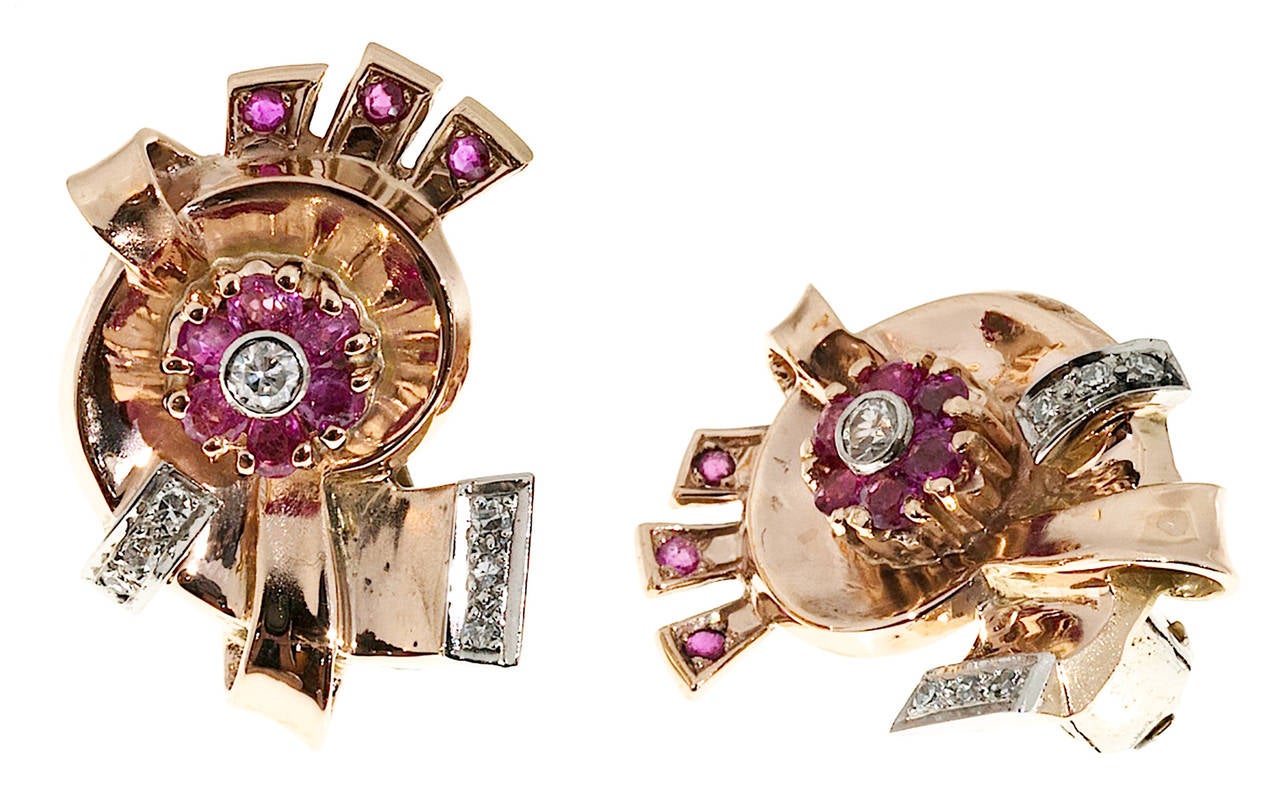 Original Retro Art Deco pink gold clip and post style with fine bright pink red Rubies.

12 single cut diamonds, approx. total weight .06cts, I, SI
18 round bright red Rubies, approx. total weight .50cts
2 brilliant cut diamonds, approx. total