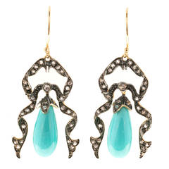 Victorian Turquoise Round Diamond Gold Dangle Earrings 6