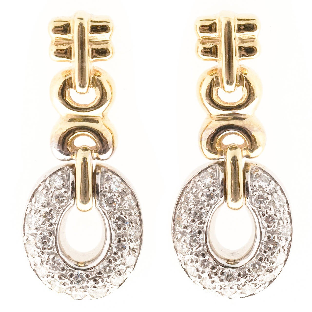 Oval Pave Diamond Gold Dangle Earrings For Sale at 1stdibs