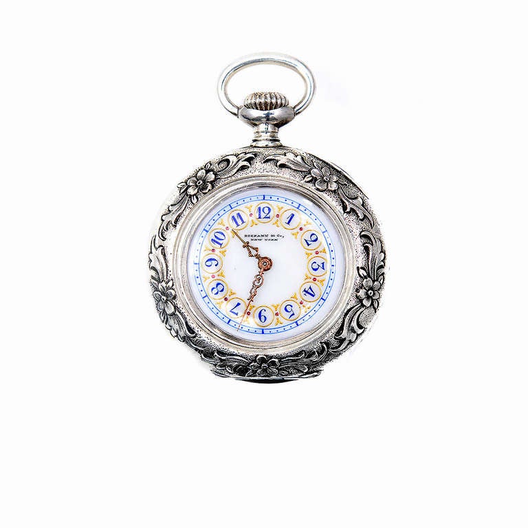 Extremely rare Tiffany & Co small size pocket or full size pendant watch circa 1900. Fully restored and runs well. Rare early Tiffany watch made by Tiffany.

Silver
39.3 grams
Width with crown: 43.68mm
Band width at case: 35.68mm
Case