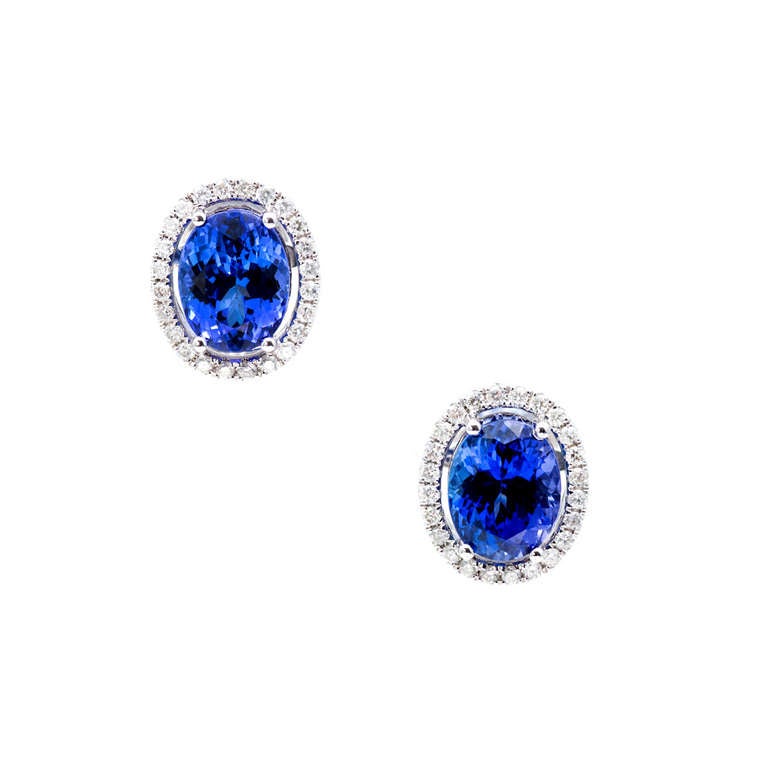 Top gem bright purple Tanzanite earrings. Excellent condition, no repairs or defects. Looks great on the ear. Bright fine white sparkly diamonds. Extra-large safety backs. 

18k White gold
48 full cut diamonds, approx. total weight .40cts, G,