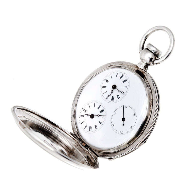 Tiffany Brothers Silver Dual Time Zone Pocket Watch circa 1860