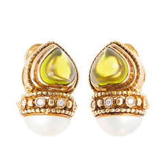Cabochon Peridot, Diamond And PearlClip Post Earrings