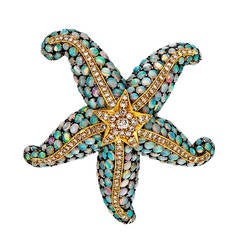 Opal Diamond Silver Gold Starfish Pin