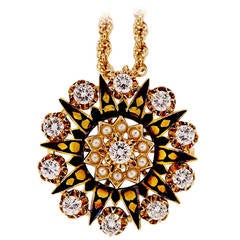 K. Goldschmidt Victorian Revival Black Enamel Diamond Gold Pin Pendant Necklace 2