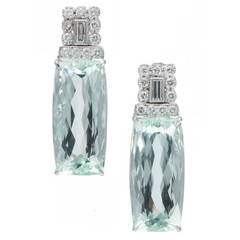 Vintage Natural Aquamarine Diamond Platinum Dangle Earrings