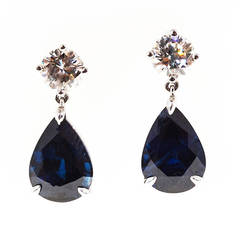 Royal Blue Pear Shaped Sapphire Diamond Gold Dangle Earrings 5