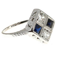 Art Deco Calibre Sapphire Diamond Platinum Ring 9