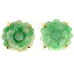 Vintage Natural Jadeite Jade Gold Round Carved Flower Earrings