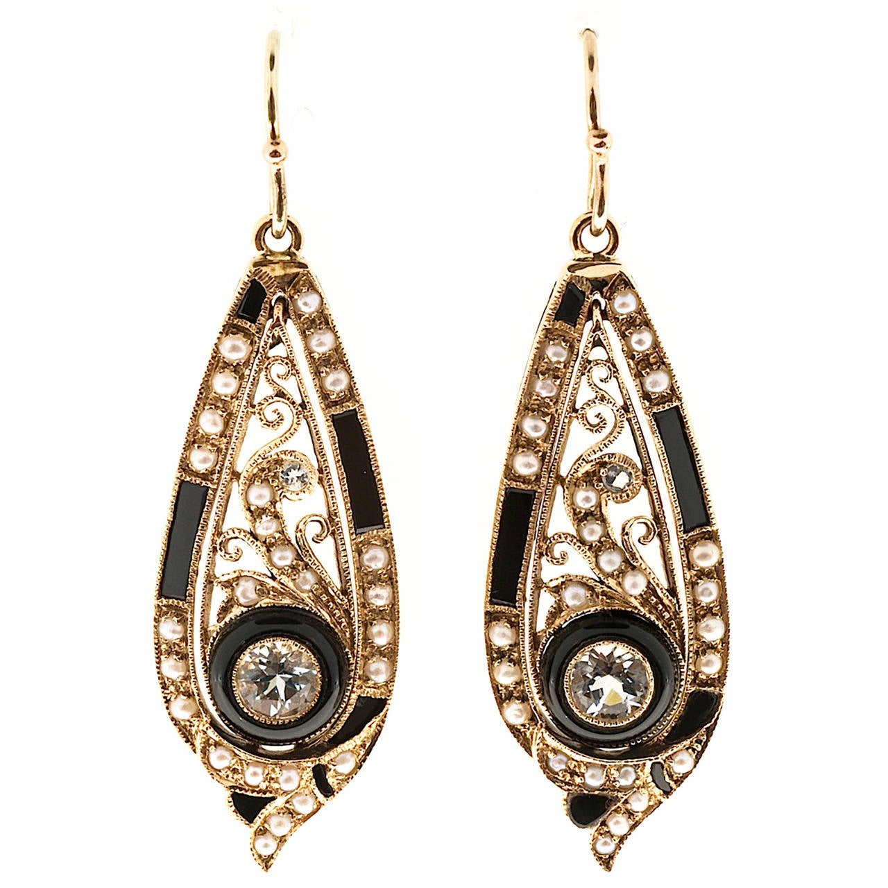 Aquamarine Pearl Onyx Gold Dangle Earrings