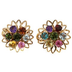 Tourmaline Citrine Garnet Amethyst Aquamarine Gold Clip Post Cluster Earrings