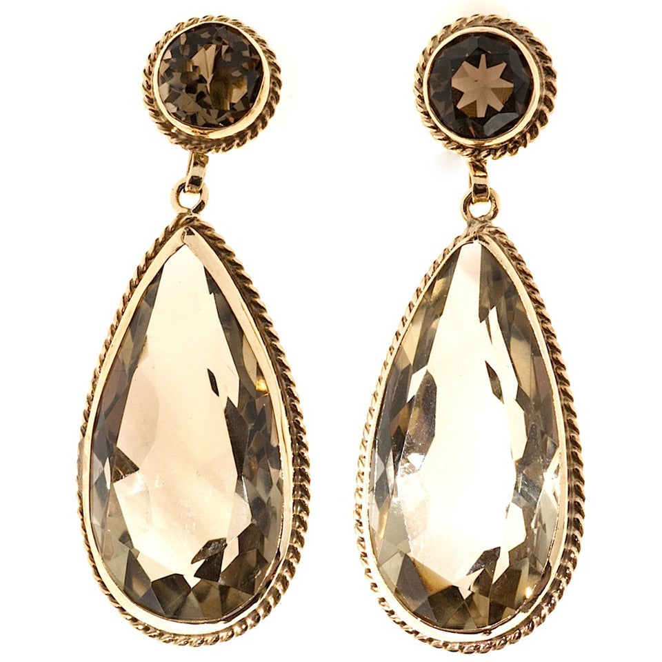 Pear and Round Smoky Quartz Gold Dangle Earrings at 1stdibs