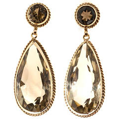 Pear and Round Smoky Quartz Gold Dangle Earrings 1