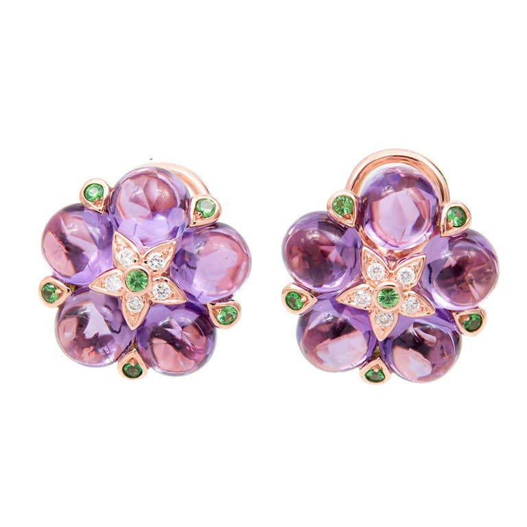 Pink Gold Amethyst And Green Tsavorite Garnet Diamond Earrings