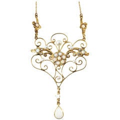 Round Cabochon Opal Akoya Pearl Diamond Yellow Gold Pendant