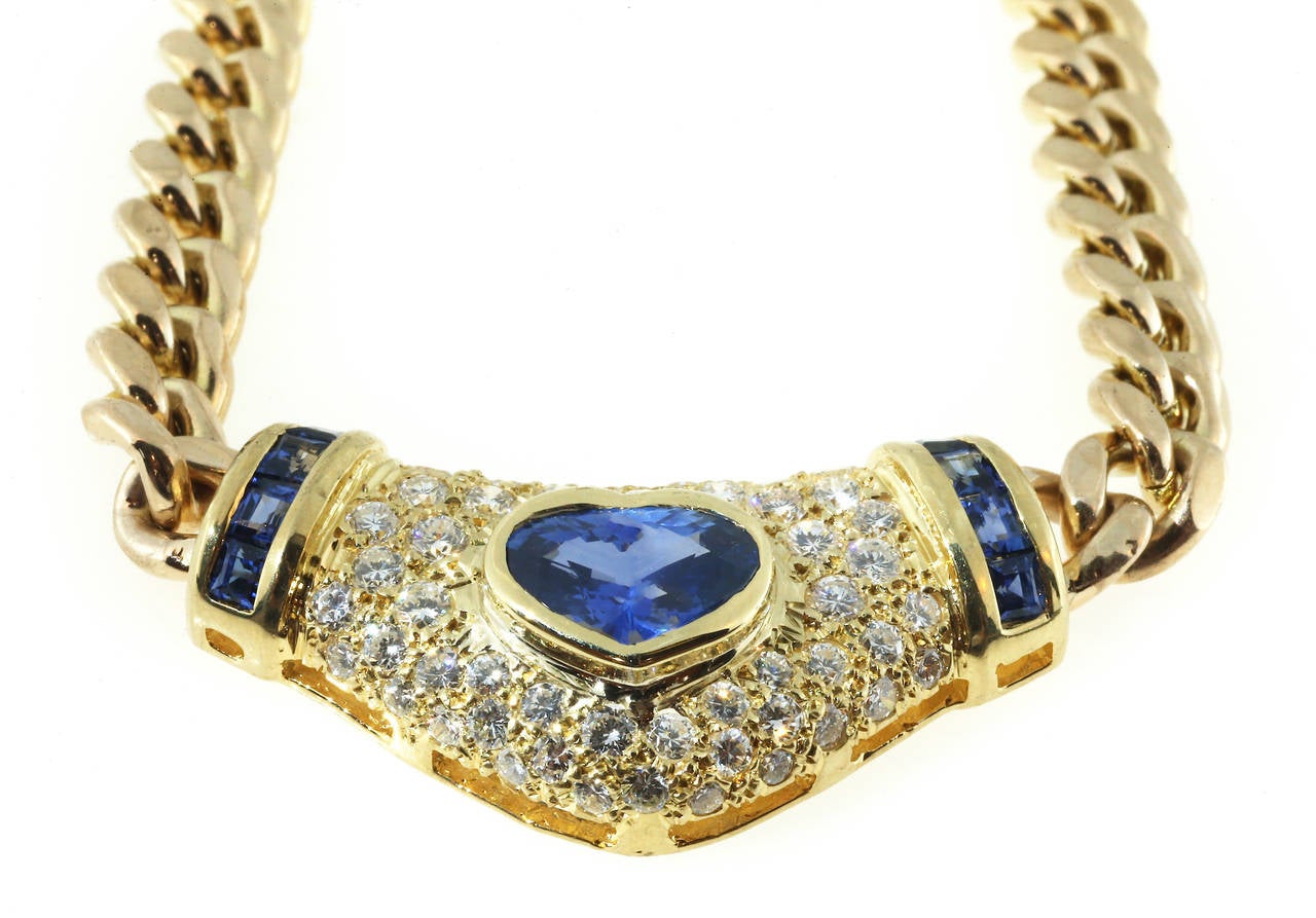 3.37 Carat Heart Shaped Sapphire Diamond Yellow Gold Necklace In Good Condition In Stamford, CT