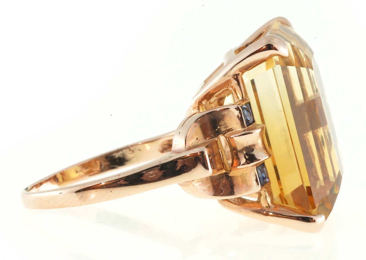 Art Deco Golden Yellow Citrine Sapphire Gold Cocktail Ring 2