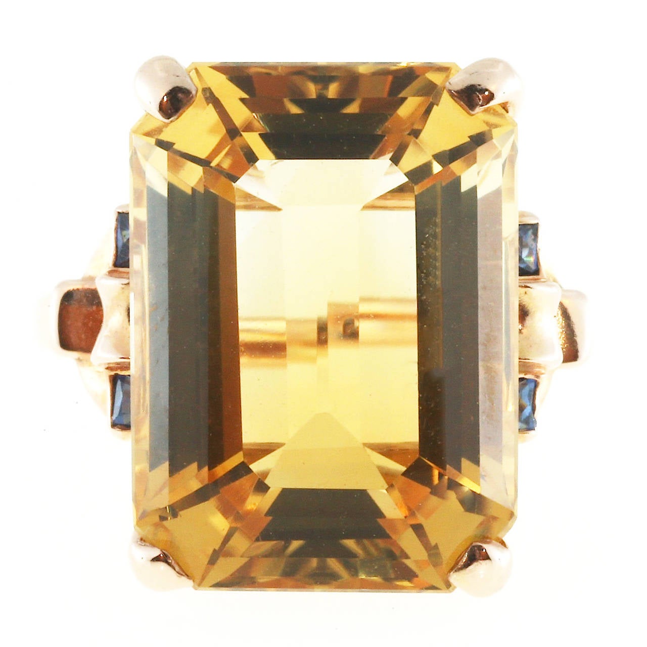 Women's Art Deco Golden Yellow Citrine Sapphire Gold Cocktail Ring