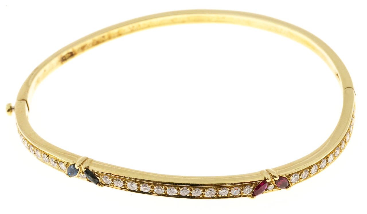 Marquise Ruby Sapphire Diamond Gold Bangle Bracelet In Good Condition In Stamford, CT