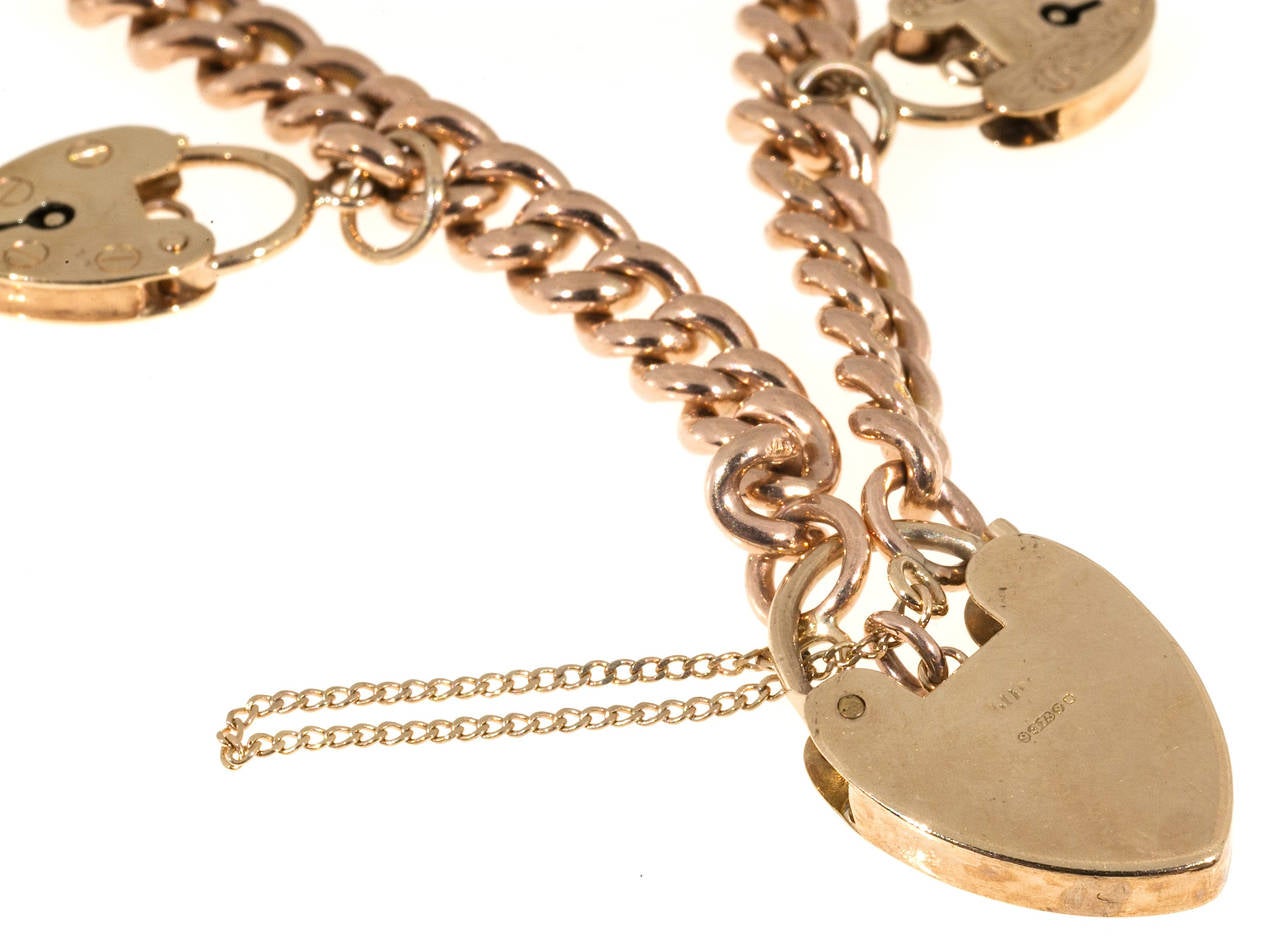 Women's Five Charm Heart Lock Gold Hollow Link Bracelet