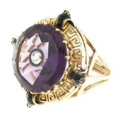 Goldring mit Emaille, Amethyst und Diamant im Rosenschliff