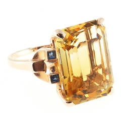 Art Deco Golden Yellow Citrine Sapphire Gold Cocktail Ring