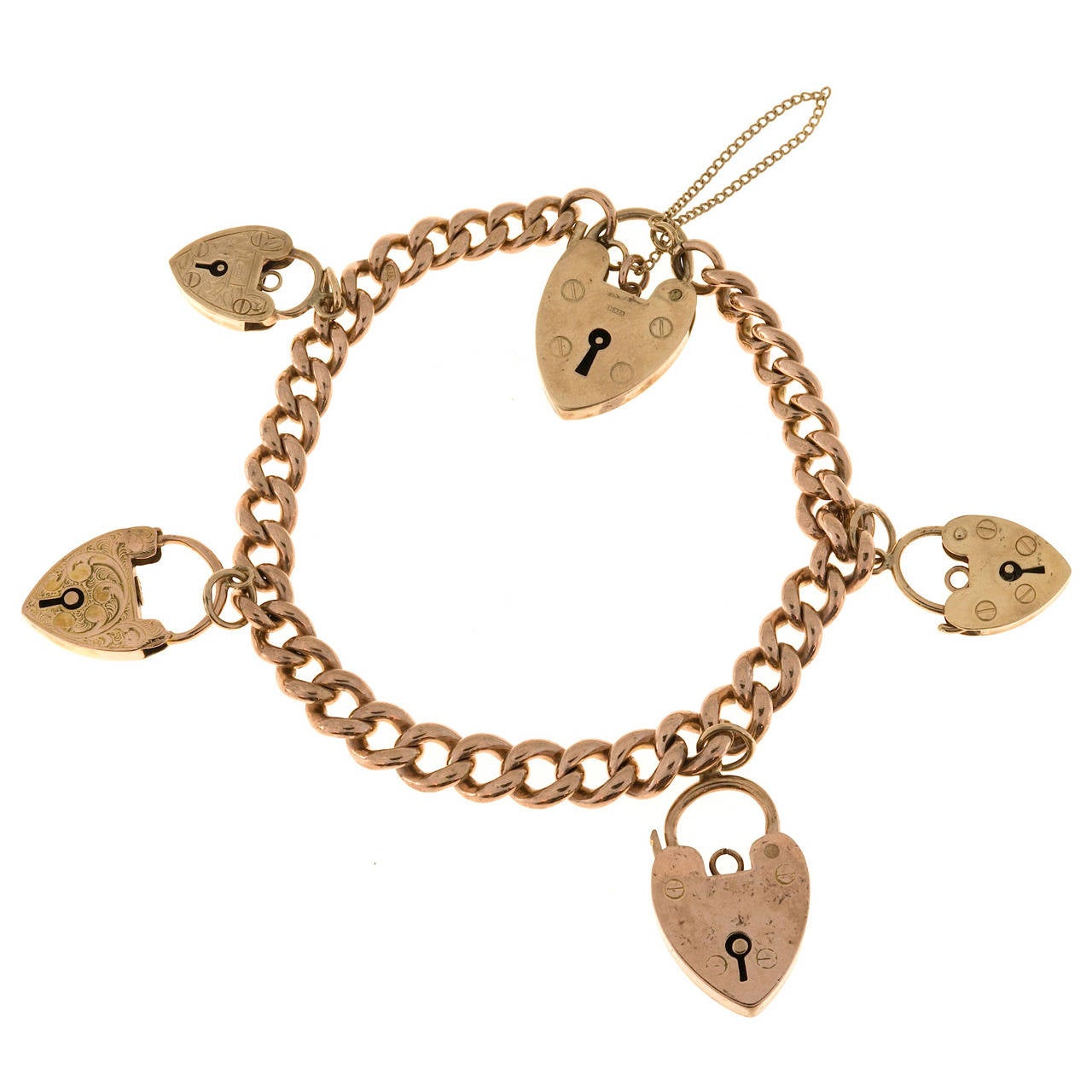 Five Charm Heart Lock Gold Hollow Link Bracelet