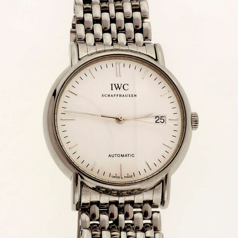 IWC stainless steel automatic Portofino wristwatch with date and mesh bracelet, Ref. 1856 30130.

Width without crown: 38mm
Band width at case: 20mm
Case thickness: 8.53mm
Dial: White IWC Automatic Date
Outside case: 2918978
Inside case: 1856