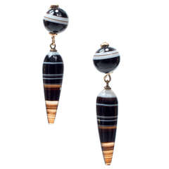 Yellow Gold Banded Agate Dangle Earrings