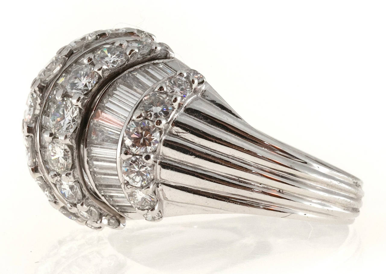 Baguette Cut Round Channel and Baguette Diamond Platinum Dome Ring
