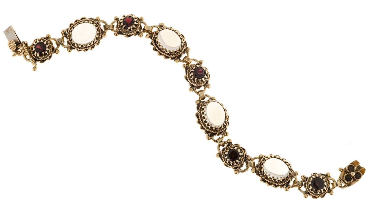 Victorian Revival Blue Oval Moonstone Garnet Gold  Bracelet In Good Condition In Stamford, CT