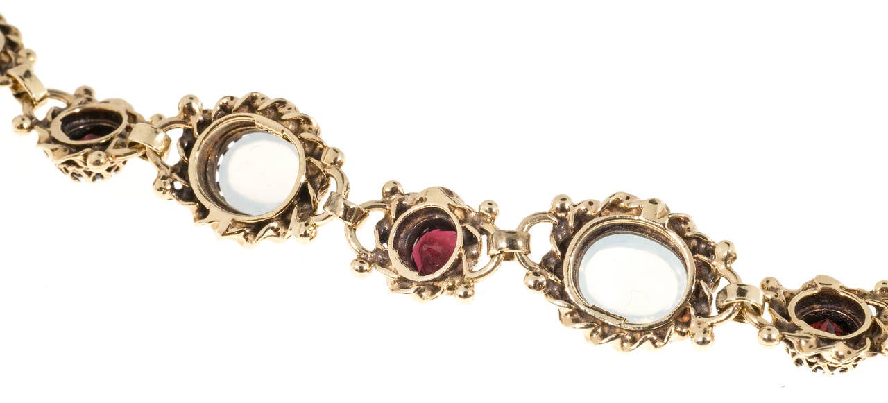 Women's Victorian Revival Blue Oval Moonstone Garnet Gold  Bracelet
