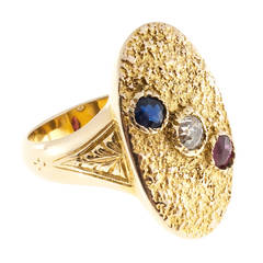 Victorian Ruby Sapphire Diamond Gold Textured Signet Ring 4