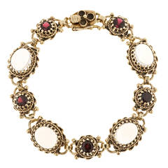 Victorian Revival Blue Oval Moonstone Garnet Gold Bracelet 10