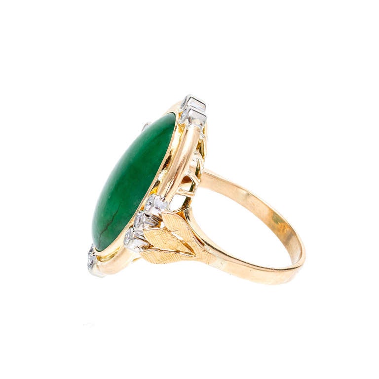 Women's GIA Certified Natural Oval Green Jadeite Jade Diamond Gold Cocktail Ring 