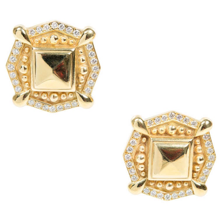 Diamond Textured Eustrician Style Gold Clip Post Earrings