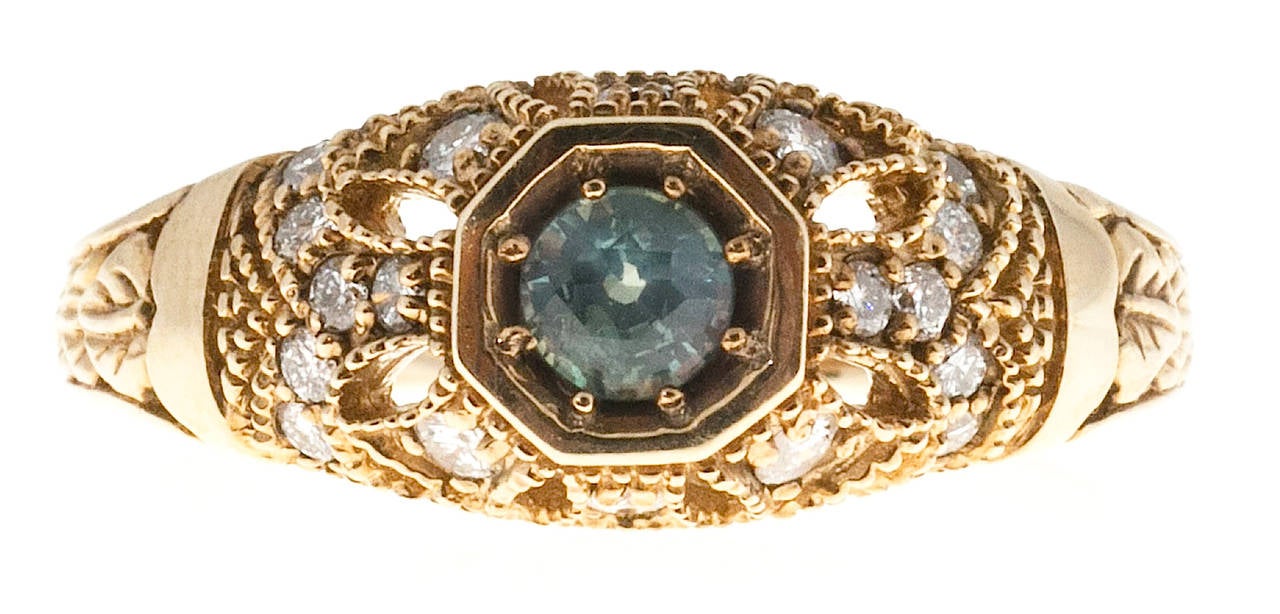GIA Cert Alexandrite Diamond Gold Filigree Pierced Engraved Ring 2