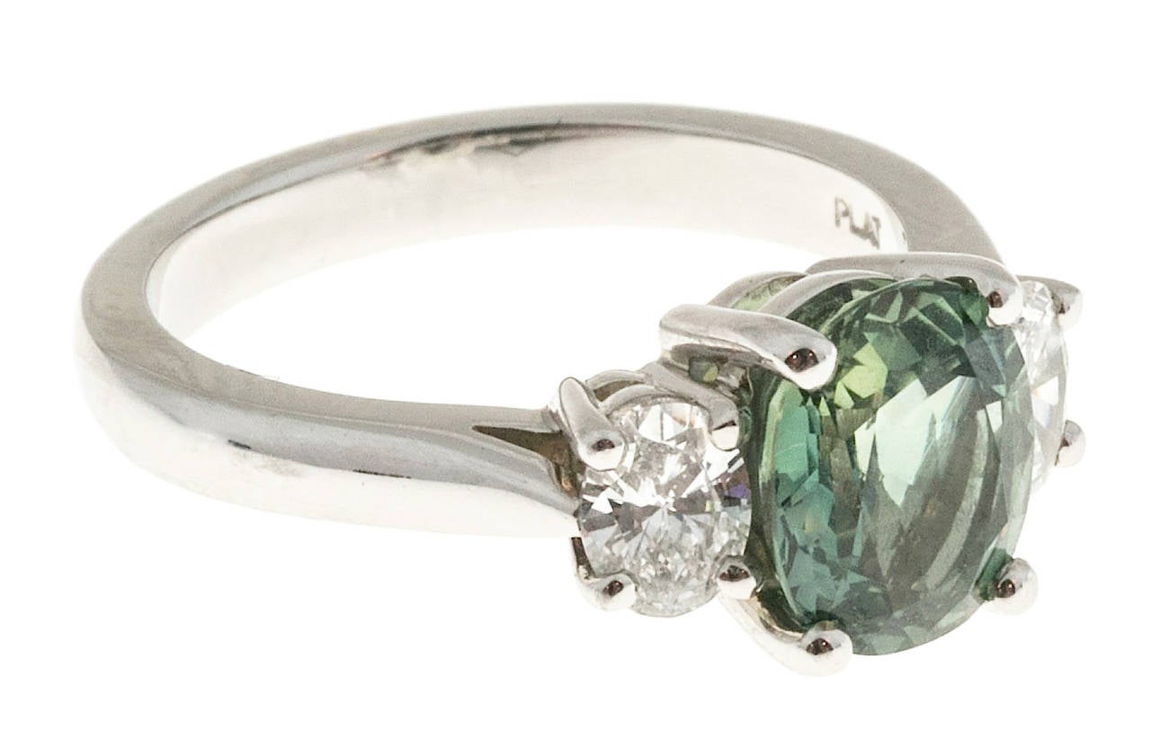 Women's Peter Suchy Green Sapphire Diamond Three Stone Platinum Engagement Ring