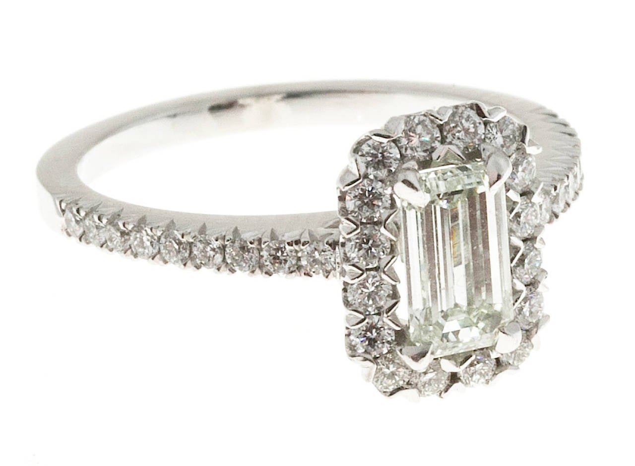 Emerald Cut Diamond Halo Platinum Ring In Good Condition In Stamford, CT