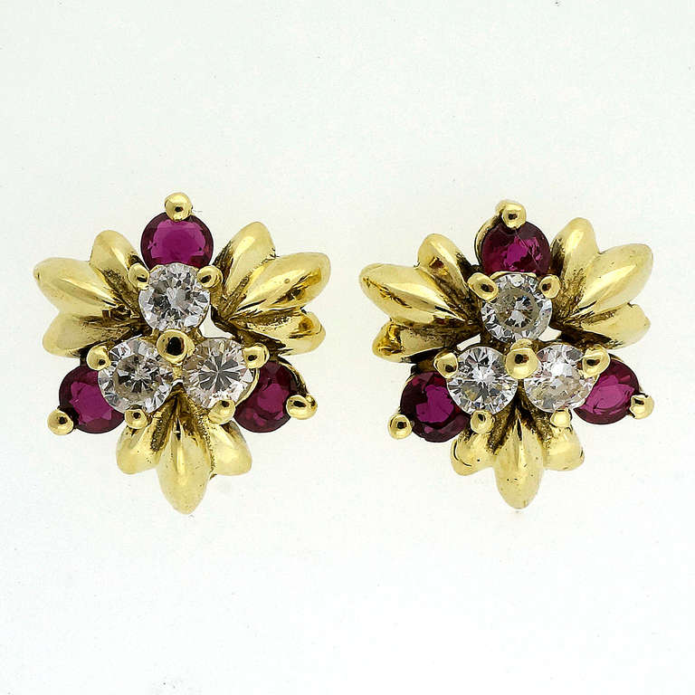 Ruby And Diamond Pierced Yellow Gold Earrings c1960 1