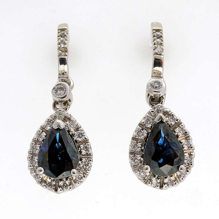 Cornflower Blue Sapphire Diamond Halo Gold Dangle Earrings 1